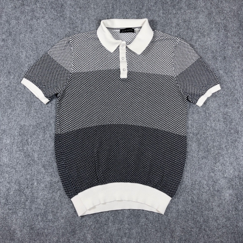 Elie Tahari Polo Shirt Mens Medium M Black White Textured Knit Snap Gradient